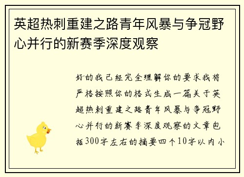 英超热刺重建之路青年风暴与争冠野心并行的新赛季深度观察 英超热刺重建之路青年风暴与争冠野心并行的新赛季深度观察
